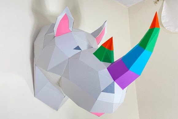 Rhino Head Paper Sculpture: A Playful 3D SVG Animal Design for Local Branding
